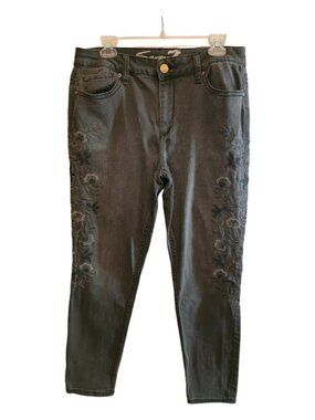 COTTON DENIM SKINNY JEANS FLORAL EMBROIDERED DISTRESSED GRAY SIZE 14 SEVEN7